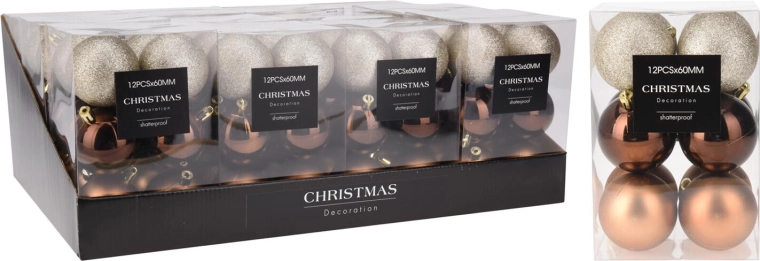 Karácsonyi gömbök 6 cm barna–arany, mix 12 db