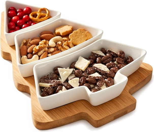 Porcelán kis tálkák rágcsálnivalóknak bambusztálcán – 4 részes szett