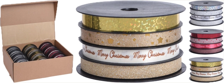 Csillogó kötőszalag 4 m × 1 cm, ezüst/arany/piros mix (4 db)