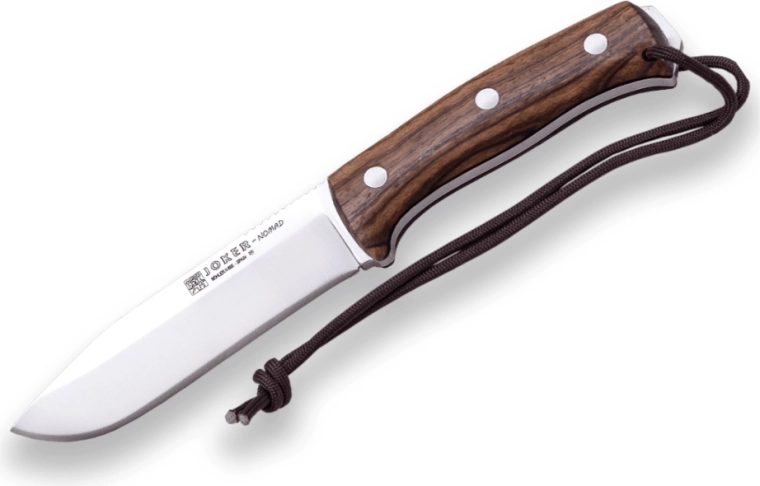 Joker Nomad bushcraft kés fix pengével 12,7 cm, diófa markolattal, bőrtokkal és tűzgyújtóval
