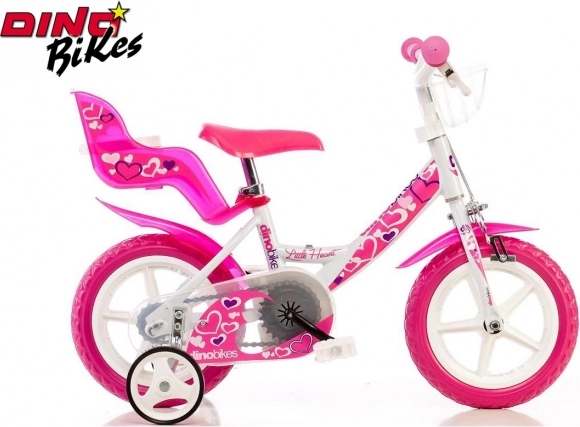 Dino Bikes Little Heart gyermekkerékpár 12" fehér-rózsaszín, pótkerekekkel