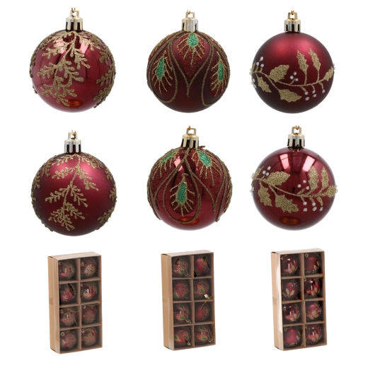 Bordó karácsonyi gömbszett 6 cm arany leveles mintával – 8 db