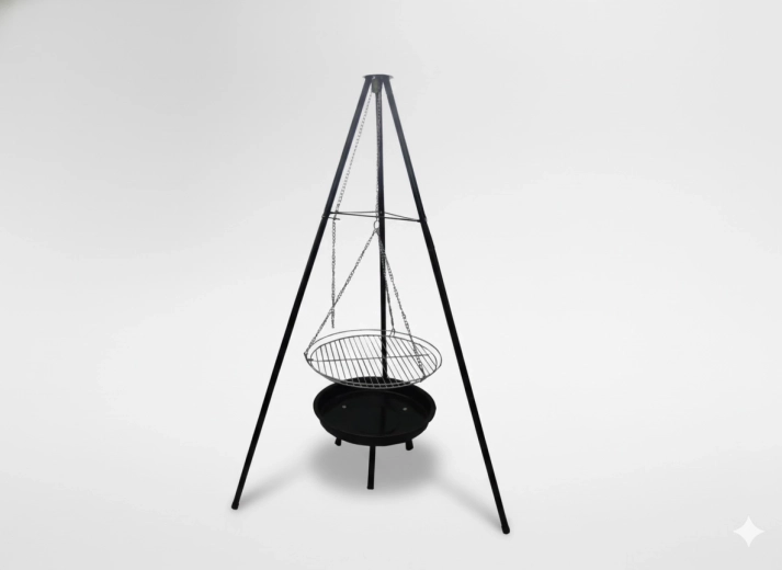 Állítható, függesztett grill háromlábon 95 × 95 × 147 cm