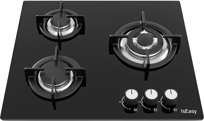 IsEasy gázfőzőlap 3 égővel, fekete üveg, öntöttvas edénytartók