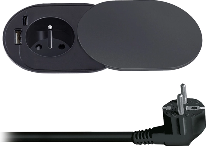 Solight beépíthető 230 V-os aljzat USB-A és USB-C 20 W PD-vel, csúszófedéllel, 2 m, matt fekete