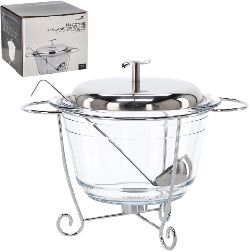 Üveg melegen tartó tál 3,9 l rozsdamentes acél fedővel, állvánnyal és merőkanállal