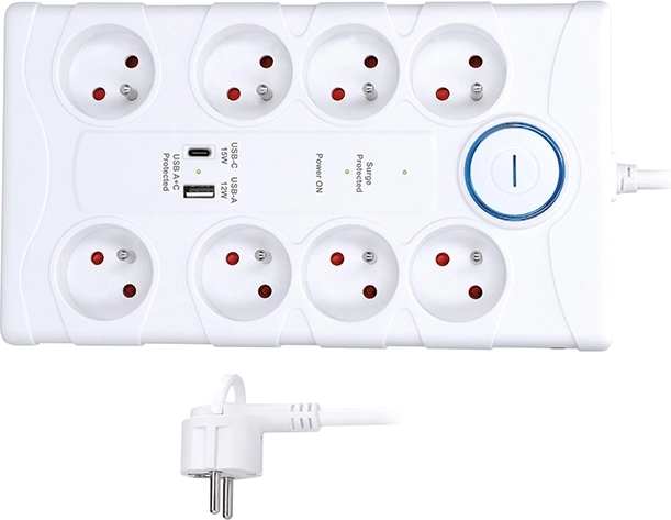 Solight túlfeszültség-védelem 8 aljzattal és USB-A/USB-C csatlakozóval, 2 m, fehér