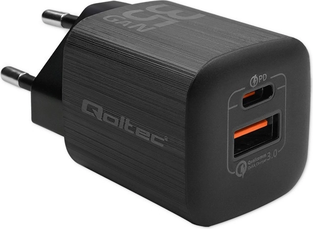 Hálózati töltő QOLTEC 35 W GaN Ultra, 1× USB‑C PD + 1× USB‑A, fekete