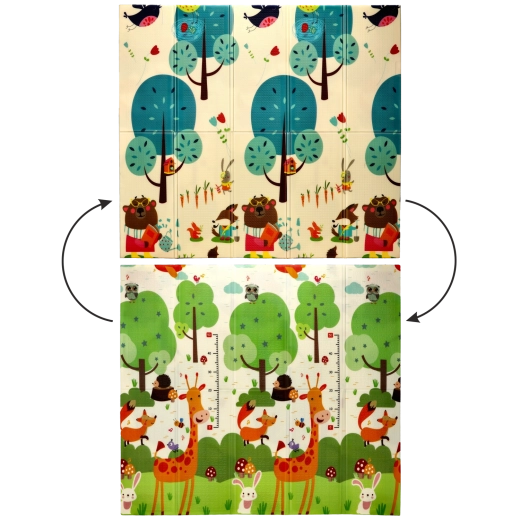Kétoldalas oktató összecsukható játszószőnyeg 180×200×1 cm állatokkal és fákkal + táska