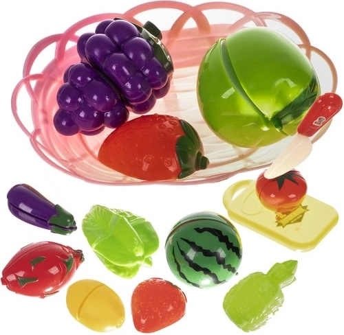 Vágós gyümölcs- és zöldségkészlet kosárban, vágólappal és késsel