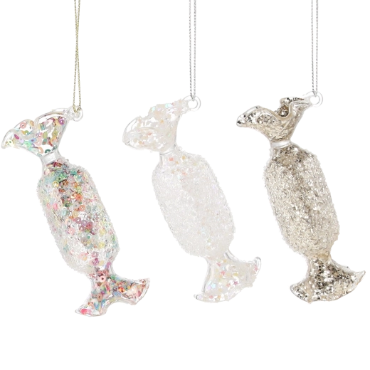 Üveg karácsonyi dísz, cukorka alakú, átlátszó, 3,8 × 9,3 cm, 6 darabos készlet