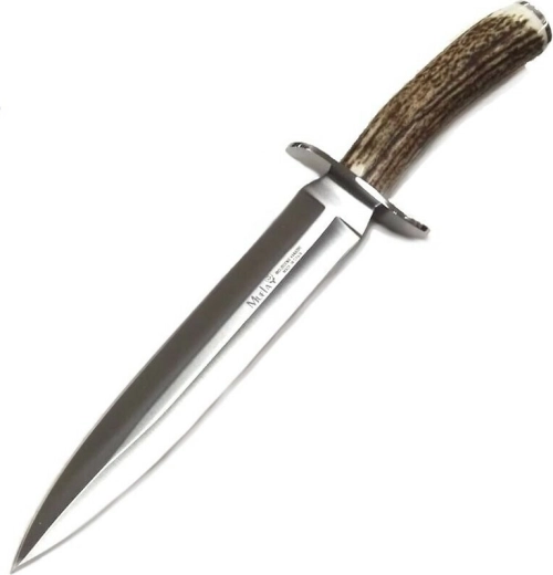 Muela Vikingo 23A vadásztőr agancs markolattal és bőrtokkal, 23 cm pengehossz