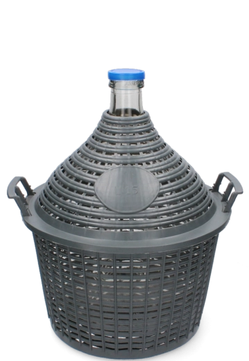 15 l-es üvegballon keskeny nyakkal, műanyag kosárban