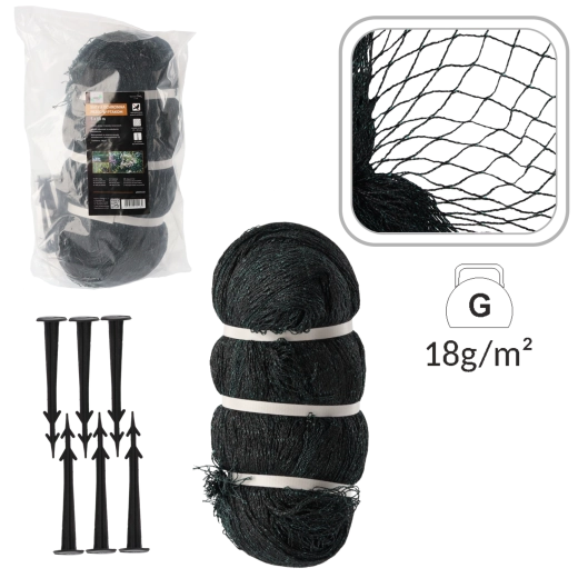 Madárháló 5 × 10 m, 18 g/m² + 10 db műanyag leszúró