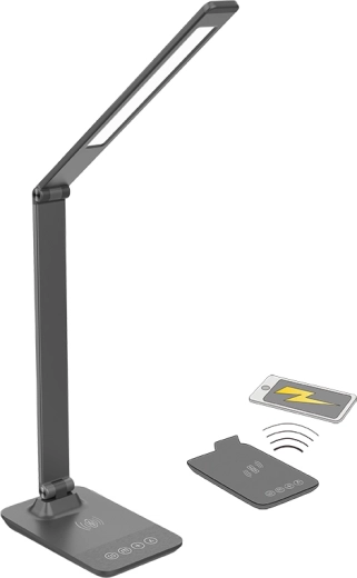 Solight LED fényerőszabályozható asztali lámpa vezeték nélküli töltéssel, 10 W, színhőmérséklet-váltás, szürke