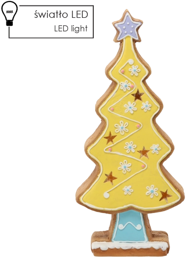 Karácsonyi mézeskalács fenyő figura sárga LED világítással, 53,6 cm