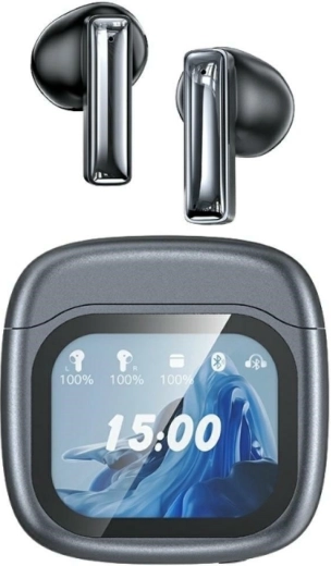 AWEI TP100 vezeték nélküli fülhallgató Bluetooth 5.4 TWS ENC-vel és LCD kijelzős tokkal – fekete