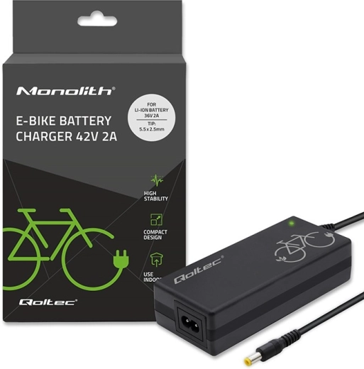 Qoltec töltő elektromos kerékpár akkumulátorához, 36 V, 42 V, 2 A, 5,5 × 2,5 mm