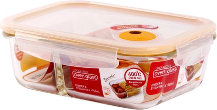 950 ml-es üveg sütőtál rekesszel és fedéllel, bórszilikát üvegből