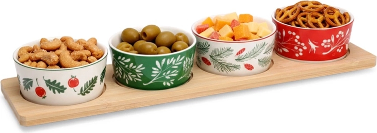 Porcelán előételestálkák bambusztálcán, 5 darabos készlet