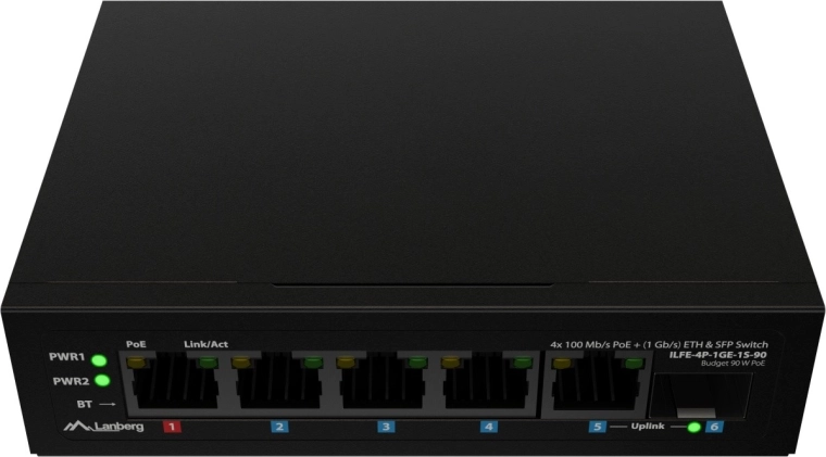 Lanberg könnyű ipari PoE switch DIN-sínre 4× Fast Ethernet + 1× Gigabit uplink + 1× SFP (PoE++ 90 W)