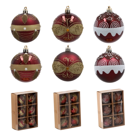 Bordó karácsonyi díszgömb szett 7 cm – 6 db, törhetetlen, gyöngyökkel és arany részletekkel