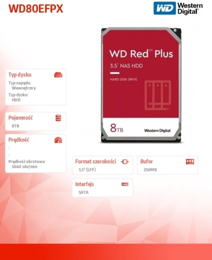 WD Red Plus 8 TB 3,5" CMR 256 MB 5640 f/p NAS-hoz merevlemez