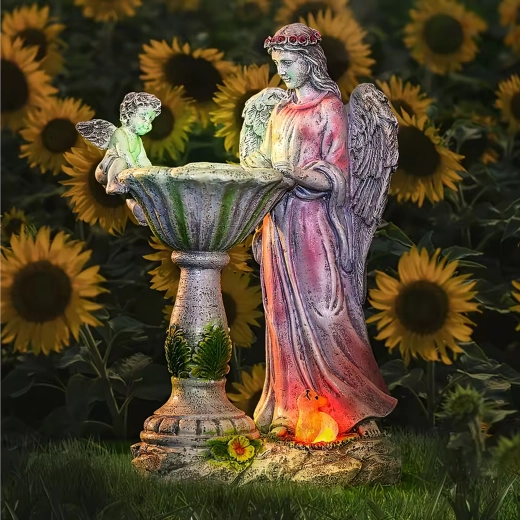 Napelemes kerti angyal madárfürdővel és RGB LED világítással