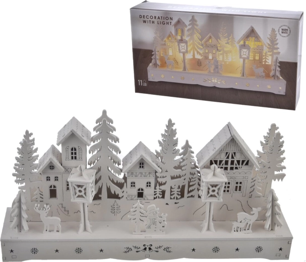 Fehér fa házikó LED világítással, 30 cm