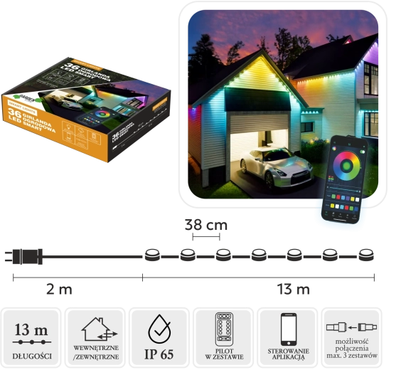 Intelligens LED girland 36 RGB, multiszínű, 15 m, IP65, beltéri és kültéri
