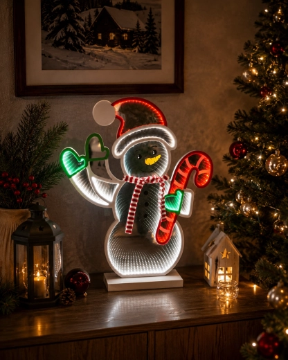 Karácsonyi 3D dekoráció LED hóember cukorbot-készlettel, infinity tükörhatással - 1 db