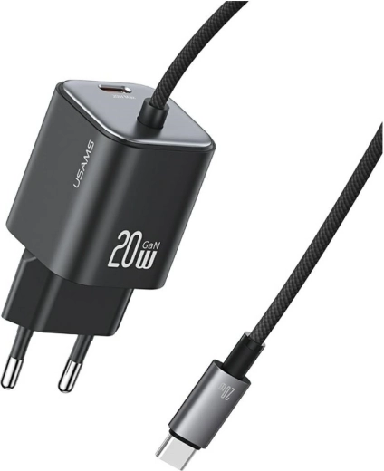 USAMS JC sorozatú GaN mini hálózati töltő 20 W beépített USB‑C kábellel (2× USB‑C), fekete