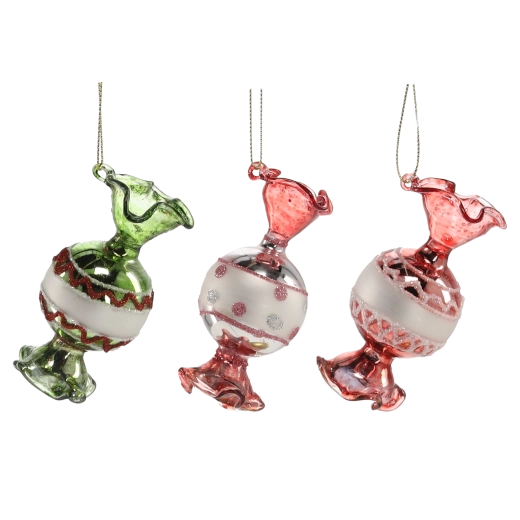 Üveg karácsonyi díszek, cukorka alakú, 6 darabos készlet