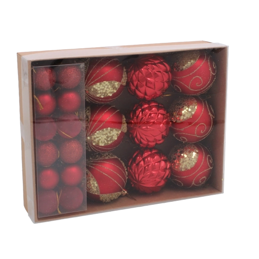 33 darabos karácsonyi dísz szett piros, ezüst és arany színben