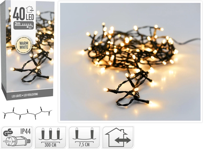 Karácsonyi LED-fényfüzér 3 m, 40 LED, meleg fehér, IP44