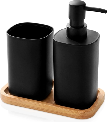 Bathroom Solutions fürdőszobai szett adagolóval és pohárral 350 ml, fekete, 3 részes