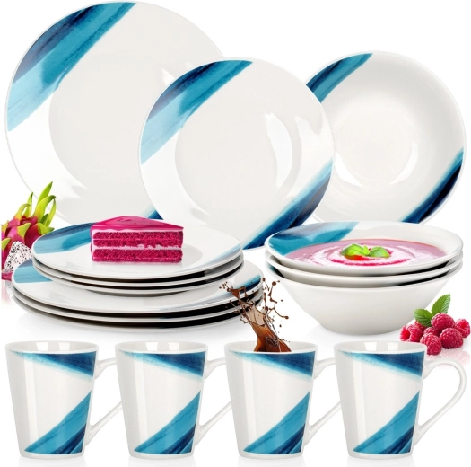 16 részes fehér porcelán étkészlet kék dekorral