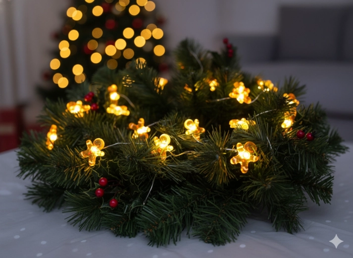 LED fényfüzér mézeskalács figurákkal, 20 LED, elemes