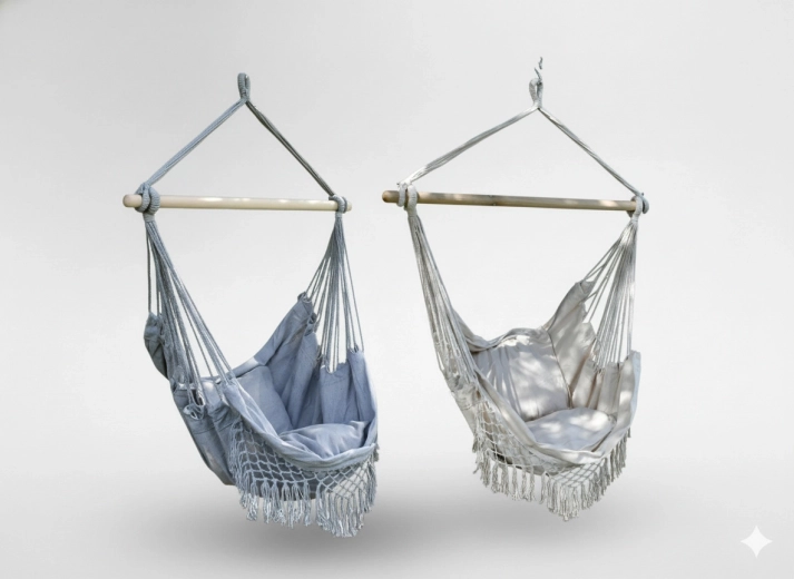 Függő brazil boho fotel párnákkal, 130 × 100 cm, bézs‑szürke