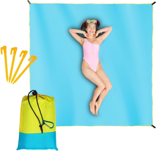 Vízálló strandalátét és piknikpléd 210 × 200 cm, kék sárga szegéllyel