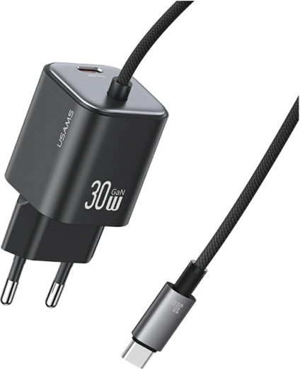 Usams JC sorozat CC264 30 W-os GaN hálózati töltő beépített USB-C kábellel (fekete)