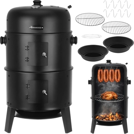 Kerti faszenes grill és füstölő 3 az 1-ben fedővel és hőmérővel KAMINER