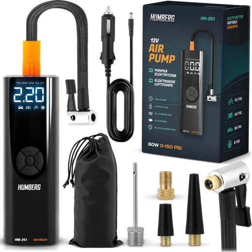 HUMBERG HM-251 elektromos mini kompresszor – hordozható digitális autós pumpa LED fénnyel