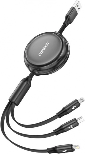 Foneng X113 3 az 1-ben visszahúzható töltőkábel 1,1 m fekete