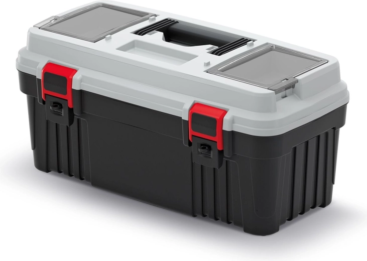 Műanyag szerszámos koffer rekeszekkel és betéttel, szürke