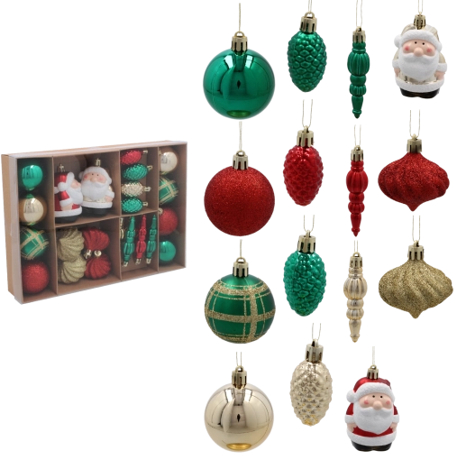 24 darabos karácsonyi díszkészlet piros, zöld és arany színben