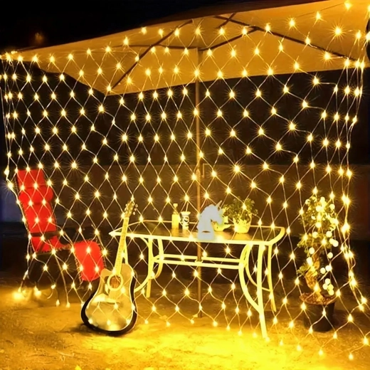 Karácsonyi LED-es fényfüggöny, meleg fehér, 2 × 2 m, 144 LED, 8 világítási mód