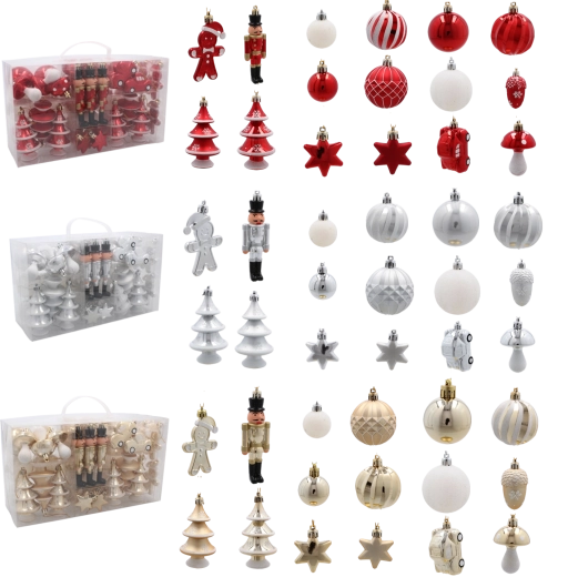 50 darabos karácsonyi díszkészlet piros, ezüst és arany színben