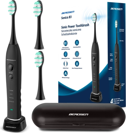 Berdsen Sonica B3 szónikus fogkefe tokban, fekete
