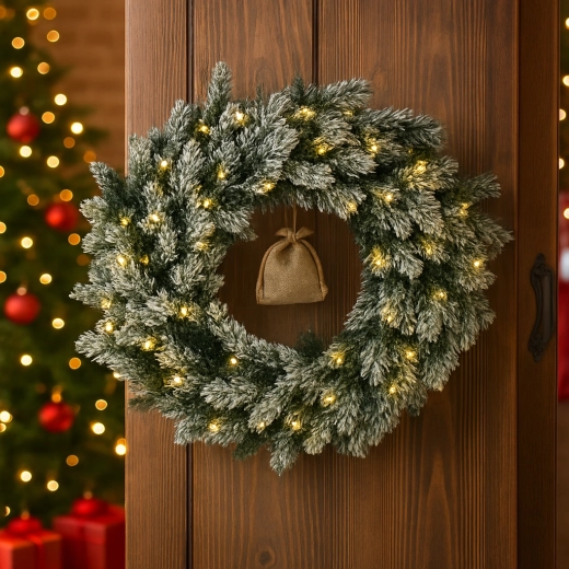 Karácsonyi borókoszorú 60 cm, erősen havas hatással, LED-del – 1 db